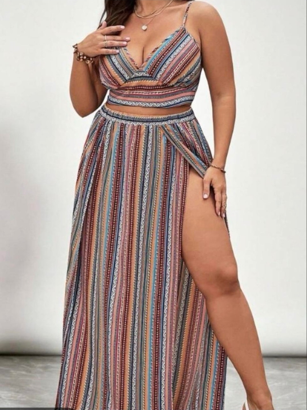 Striped High-Low Maxi Dress with Side Slit in Multi-Color